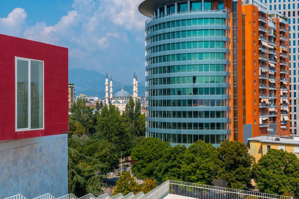 Very modern buildings seen from the Pyramid of Tirana near Skanderbeg Square in Tirana. Albania